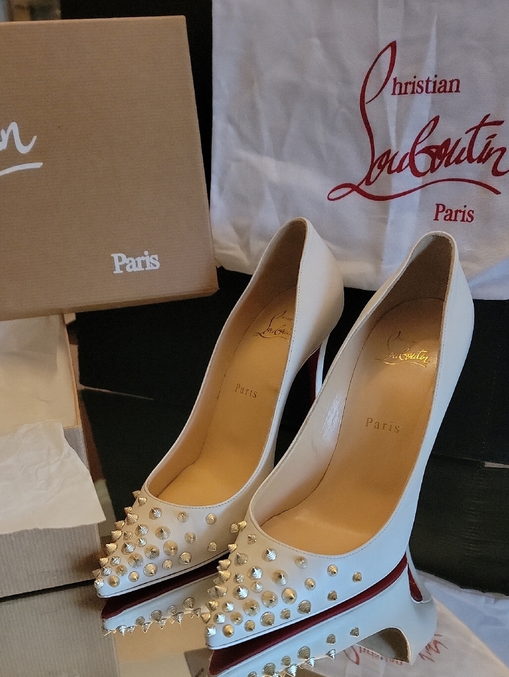 Christian Louboutin Spikyshell 100 Nappa Shiny White & Gold Sz 38